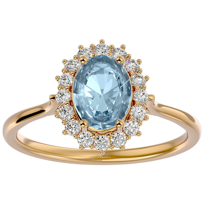 1.40 Carat Oval Shape Aquamarine & Halo 16 Diamond Ring in 14K Yellow Gold (3.40 g), , Size 4 by SuperJeweler