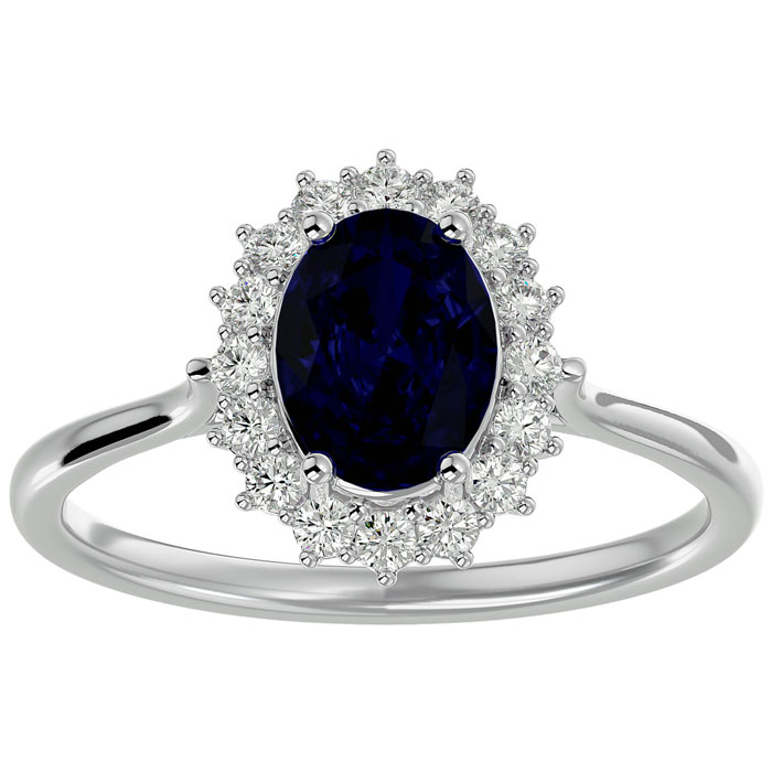 1.85 Carat Oval Shape Sapphire & Halo 16 Diamond Ring in 14K White Gold (3.40 g), , Size 4 by SuperJeweler