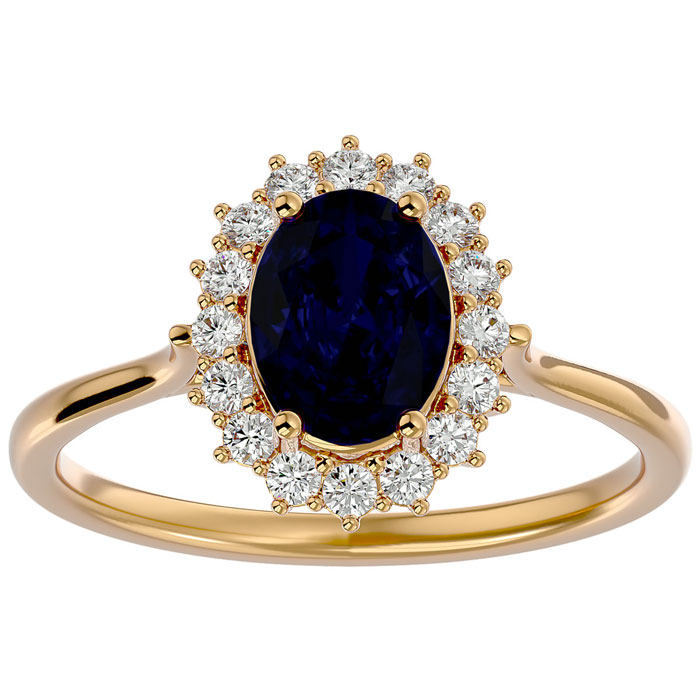 1.85 Carat Oval Shape Sapphire & Halo 16 Diamond Ring in 14K Yellow Gold (3.40 g), , Size 4 by SuperJeweler