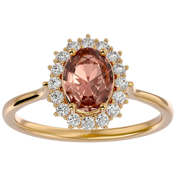 1.40 Carat Oval Shape Morganite & Halo 16 Diamond Ring in 14K Yellow Gold (3.40 g), , Size 4 by SuperJeweler