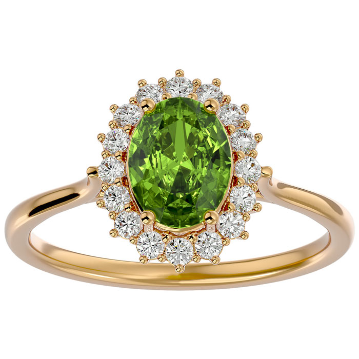 1.60 Carat Oval Shape Peridot & Halo 16 Diamond Ring in 14K Yellow Gold (3.40 g), , Size 4 by SuperJeweler