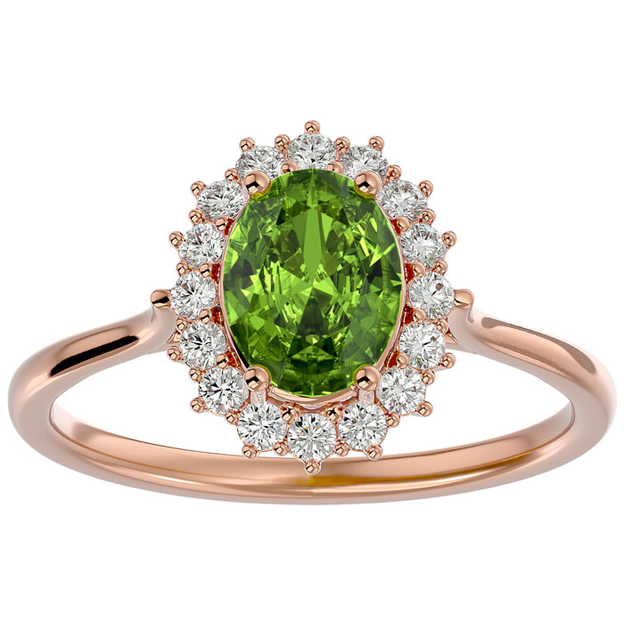 1.60 Carat Oval Shape Peridot & Halo 16 Diamond Ring in 14K Rose Gold (3.40 g), , Size 4 by SuperJeweler