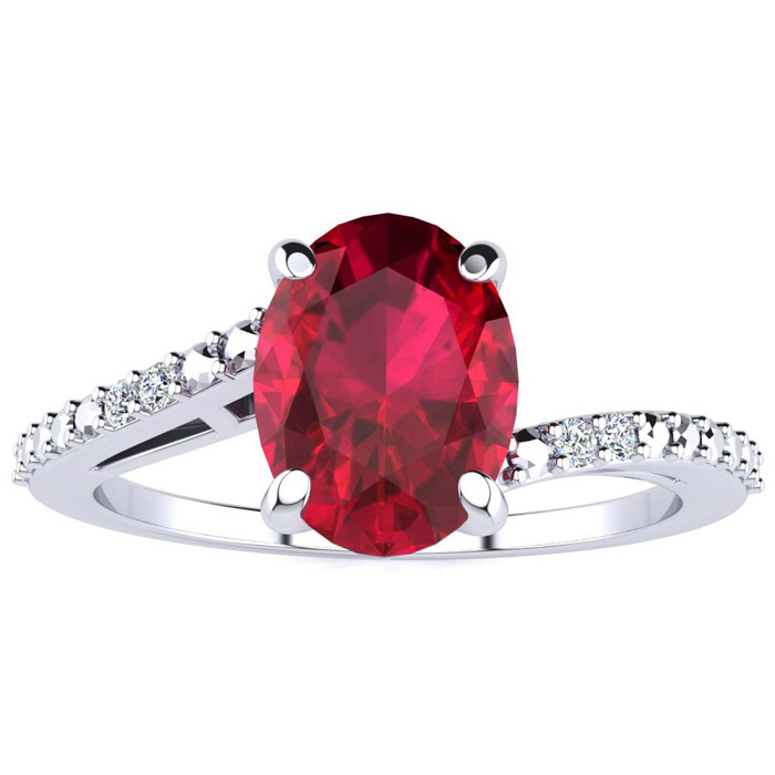 1.5 Carat Oval Shape Ruby & 2 Diamond Ring in Sterling Silver, , Size 5 by SuperJeweler