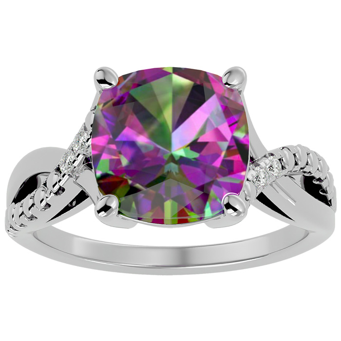 4 Carat Cushion Cut Mystic Topaz & 2 Diamond Ring in Sterling Silver, , Size 5 by SuperJeweler