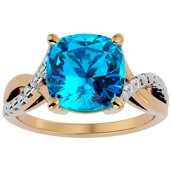 4 Carat Cushion Cut Blue Topaz & 2 Diamond Ring in Yellow Gold (3 g), , Size 4 by SuperJeweler