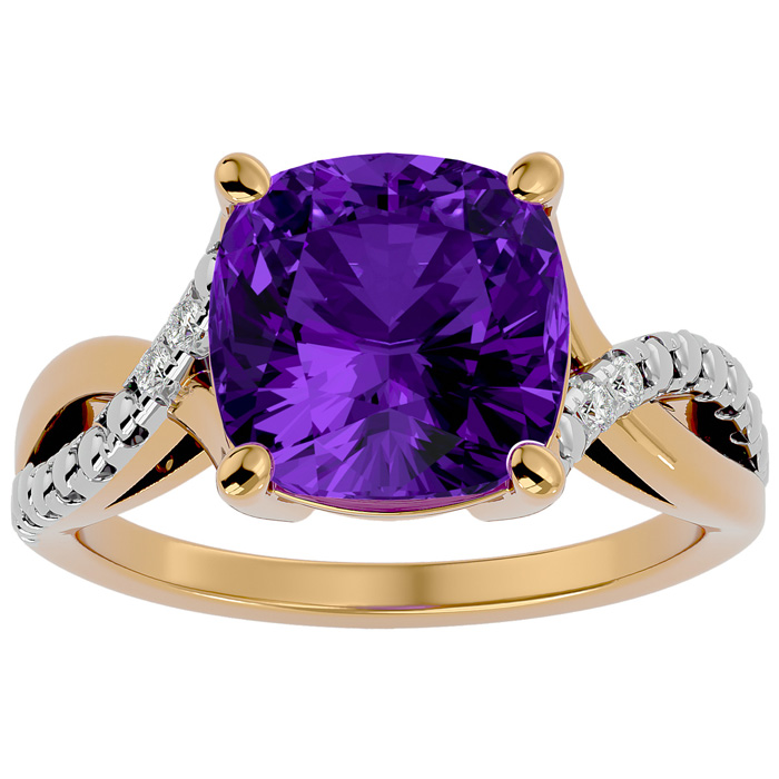 4 Carat Cushion Cut Amethyst & 2 Diamond Ring in Yellow Gold (3 g), , Size 4 by SuperJeweler