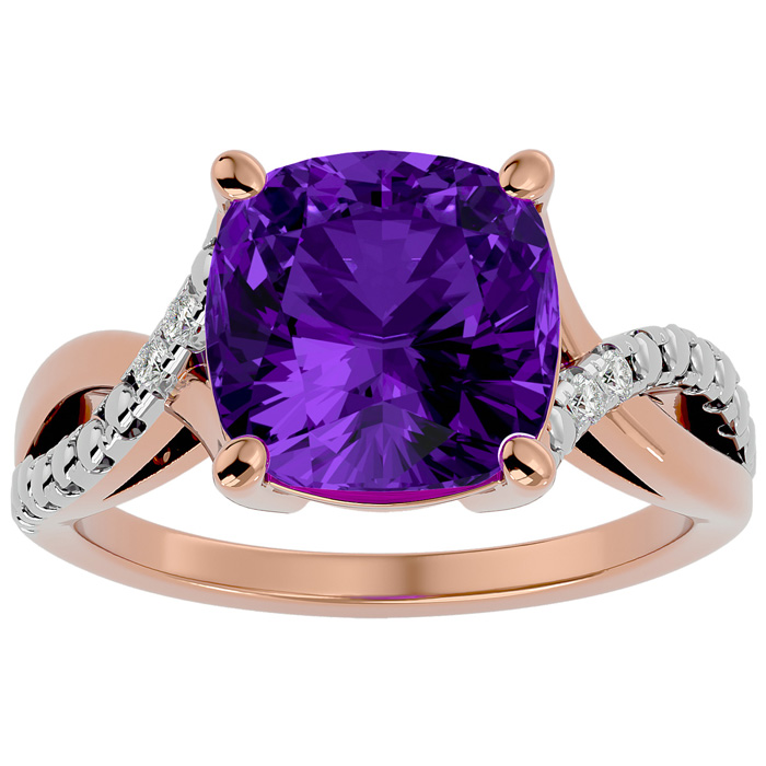 4 Carat Cushion Cut Amethyst & 2 Diamond Ring in Rose Gold (3 g), , Size 4 by SuperJeweler