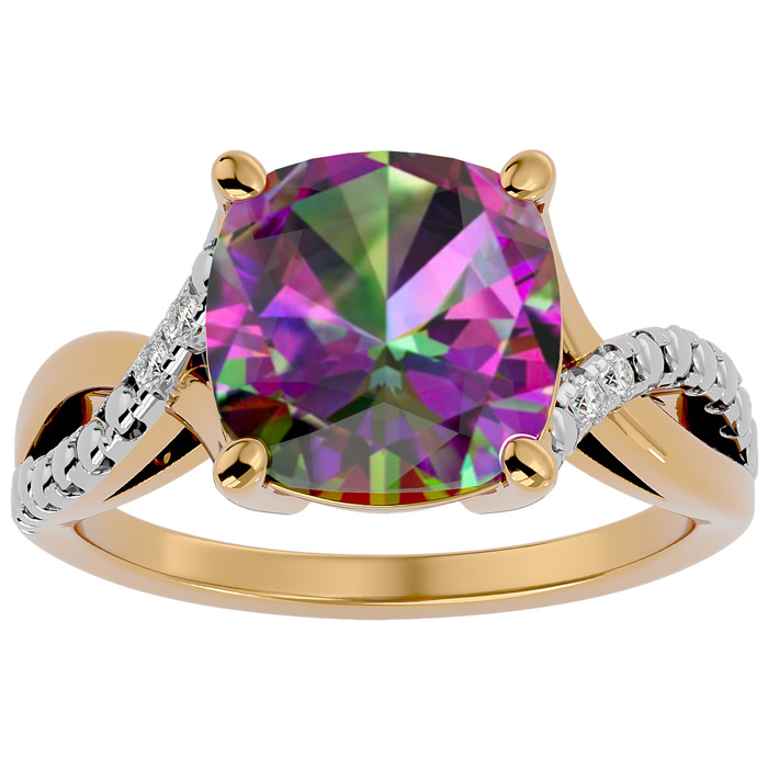 4 Carat Cushion Cut Mystic Topaz & 2 Diamond Ring in Yellow Gold (3 g), , Size 4 by SuperJeweler