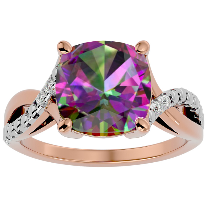 4 Carat Cushion Cut Mystic Topaz & 2 Diamond Ring in Rose Gold (3 g), , Size 4 by SuperJeweler