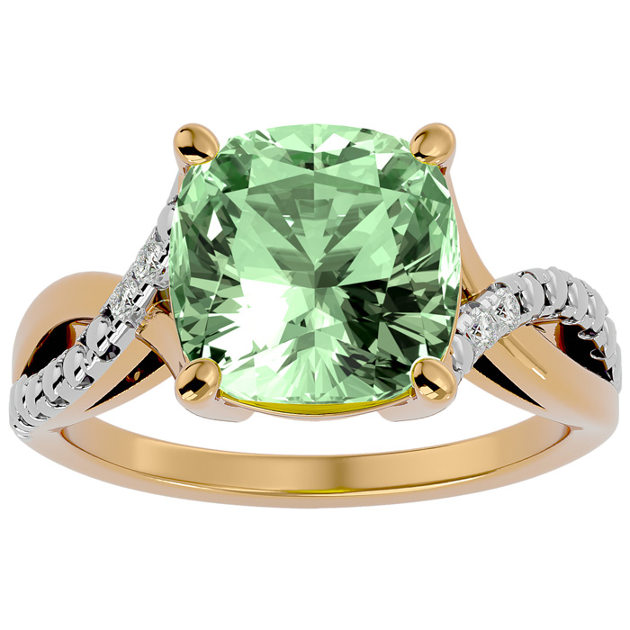 4 Carat Cushion Cut Green Amethyst & 2 Diamond Ring in Yellow Gold (3 g), , Size 4 by SuperJeweler