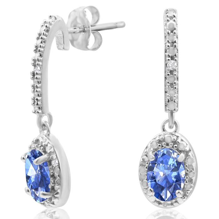 1.25 Carat Created Tanzanite & Diamond Oval Drop Earrings in Sterling Silver,  by SuperJeweler