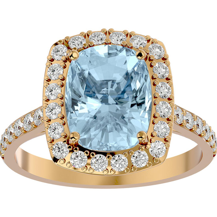 2 3/4 Carat Cushion Cut Aquamarine & Halo 34 Diamond Ring in 18K Rose Gold (6.50 g), , Size 4 by SuperJeweler