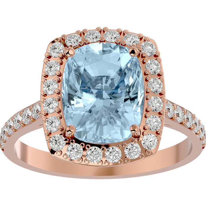 2 3/4 Carat Cushion Cut Aquamarine & Halo 34 Diamond Ring in 18K White Gold (6.50 g), , Size 4 by SuperJeweler