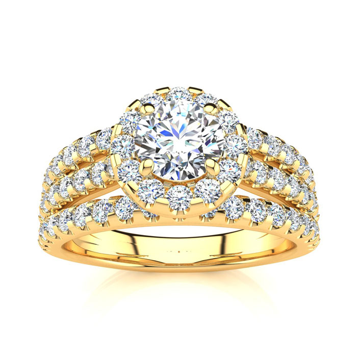 1.5 Carat Round Halo Diamond Engagement Ring in 14K Yellow Gold (5.50 g) (, I1-I2 Clarity Enhanced), Size 4.5 by SuperJeweler