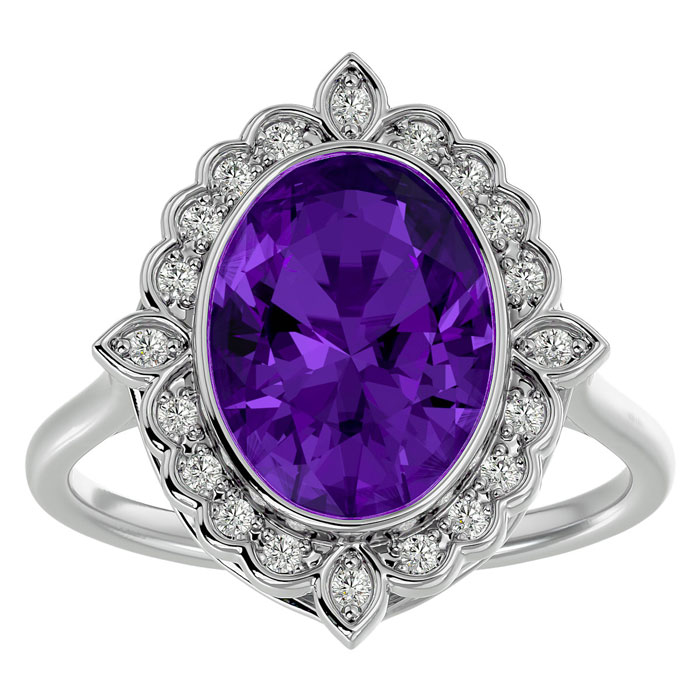 1.25 Carat Oval Shape Amethyst & Halo 20 Diamond Ring in 14K White Gold (5 g), , Size 4 by SuperJeweler