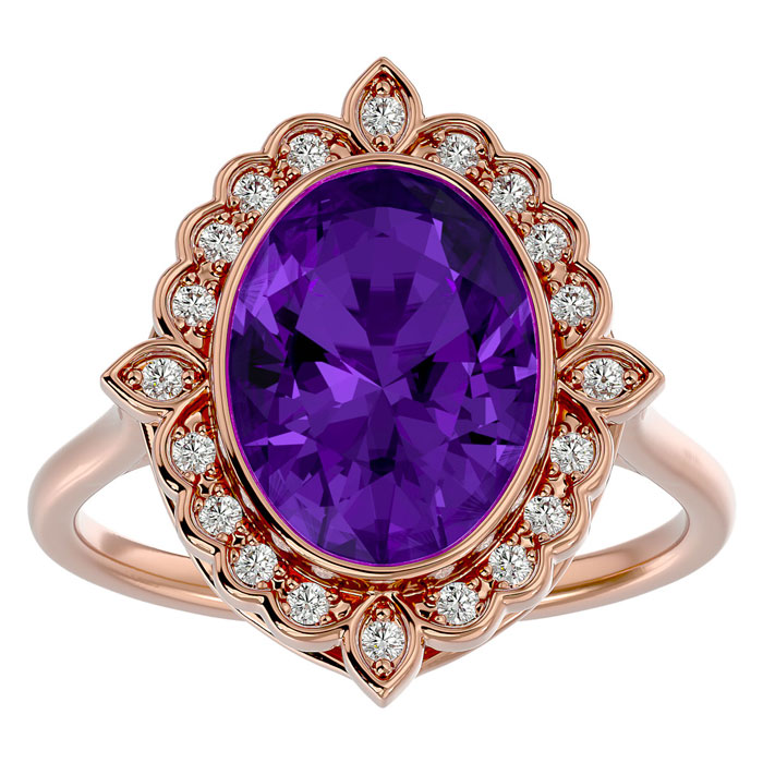 1.25 Carat Oval Shape Amethyst & Halo 20 Diamond Ring in 14K Rose Gold (5 g), , Size 4 by SuperJeweler