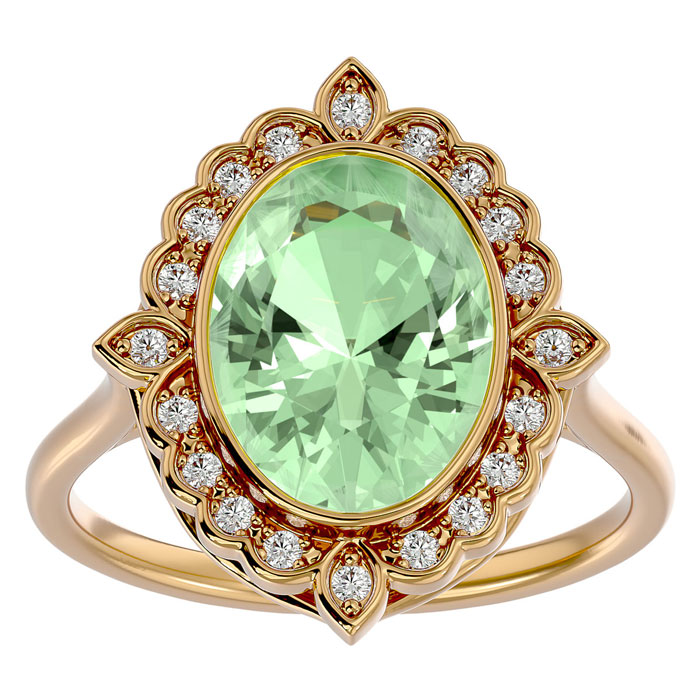 1.25 Carat Oval Shape Green Amethyst & Halo 20 Diamond Ring in 14K Yellow Gold (5 g), , Size 4 by SuperJeweler