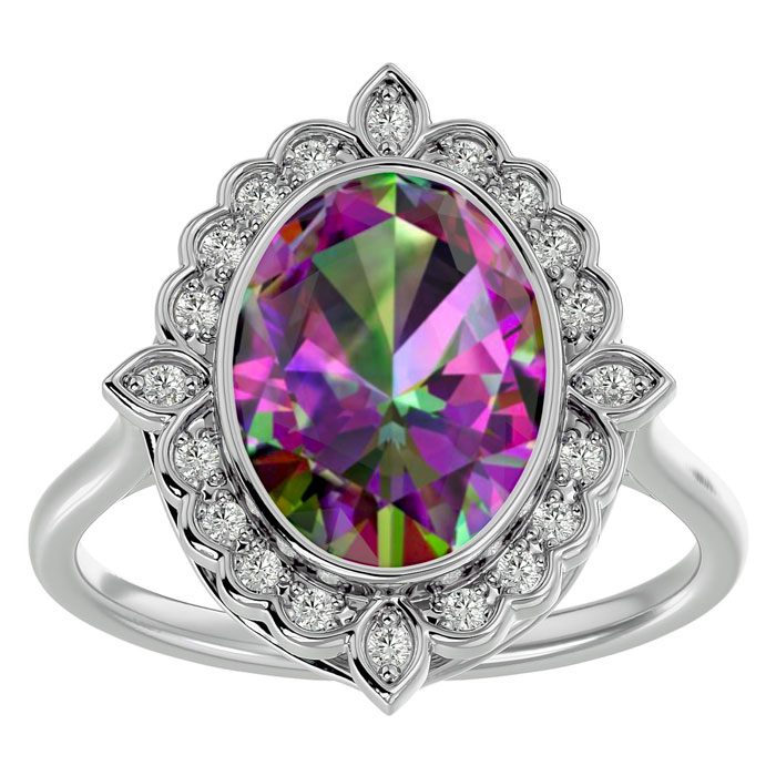 1.25 Carat Oval Shape Mystic Topaz & Halo 20 Diamond Ring in 14K White Gold (5 g), , Size 4 by SuperJeweler