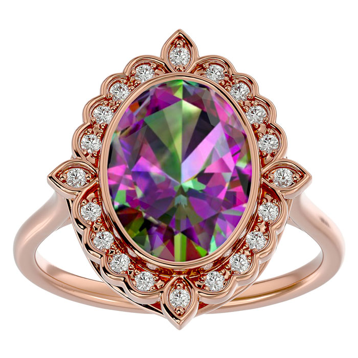 1.25 Carat Oval Shape Mystic Topaz & Halo 20 Diamond Ring in 14K Rose Gold (5 g), , Size 4 by SuperJeweler