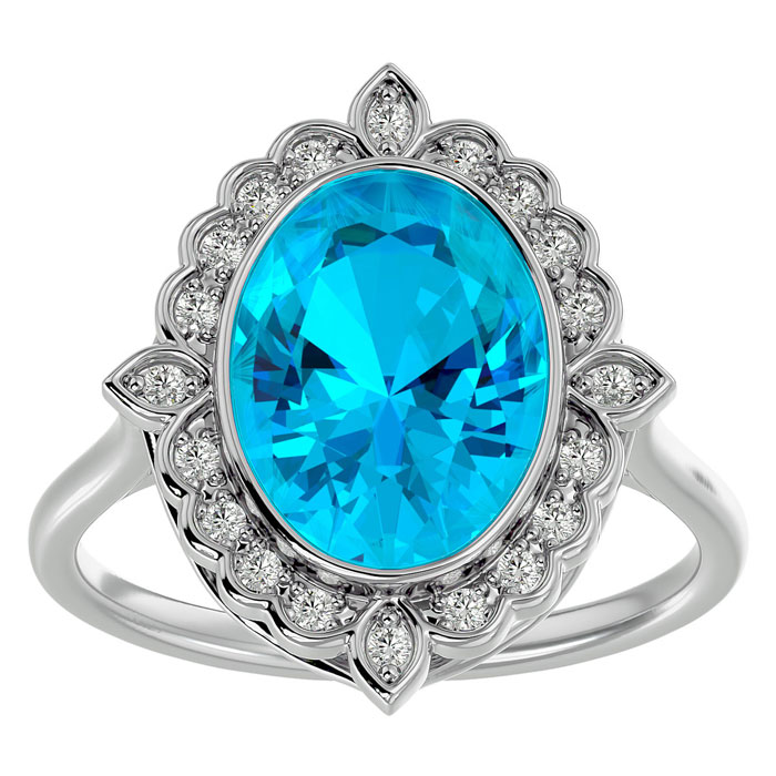 1 3/4 Carat Oval Shape Blue Topaz & Halo 20 Diamond Ring in 14K White Gold (5 g), , Size 4 by SuperJeweler