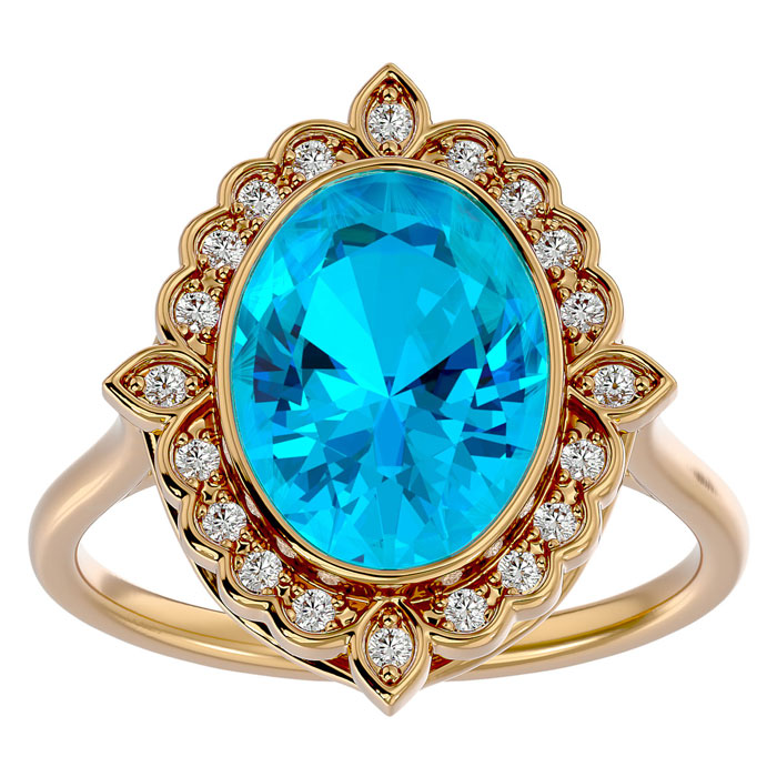 1 3/4 Carat Oval Shape Blue Topaz & Halo 20 Diamond Ring in 14K Yellow Gold (5 g), , Size 4 by SuperJeweler