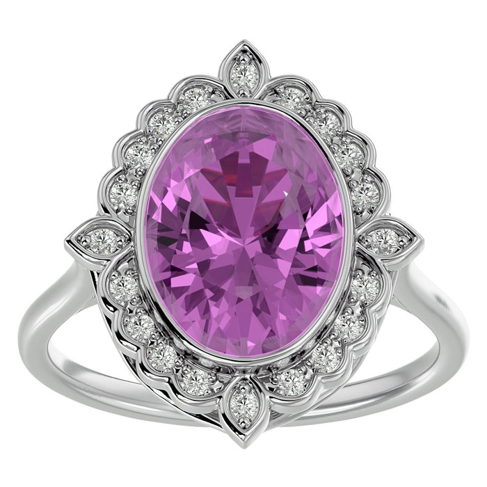 1 3/4 Carat Oval Shape Pink Topaz & Halo 20 Diamond Ring in 14K White Gold (5 g), , Size 4 by SuperJeweler