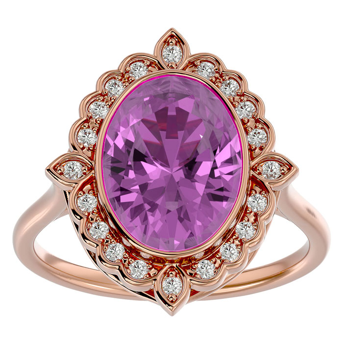 1 3/4 Carat Oval Shape Pink Topaz & Halo 20 Diamond Ring in 14K Rose Gold (5 g), , Size 4 by SuperJeweler