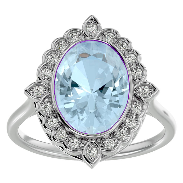 1 1/3 Carat Oval Shape Aquamarine & Halo 20 Diamond Ring in 14K White Gold (5 g), , Size 4 by SuperJeweler