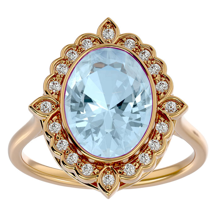 1 1/3 Carat Oval Shape Aquamarine & Halo 20 Diamond Ring in 14K Yellow Gold (5 g), , Size 4 by SuperJeweler