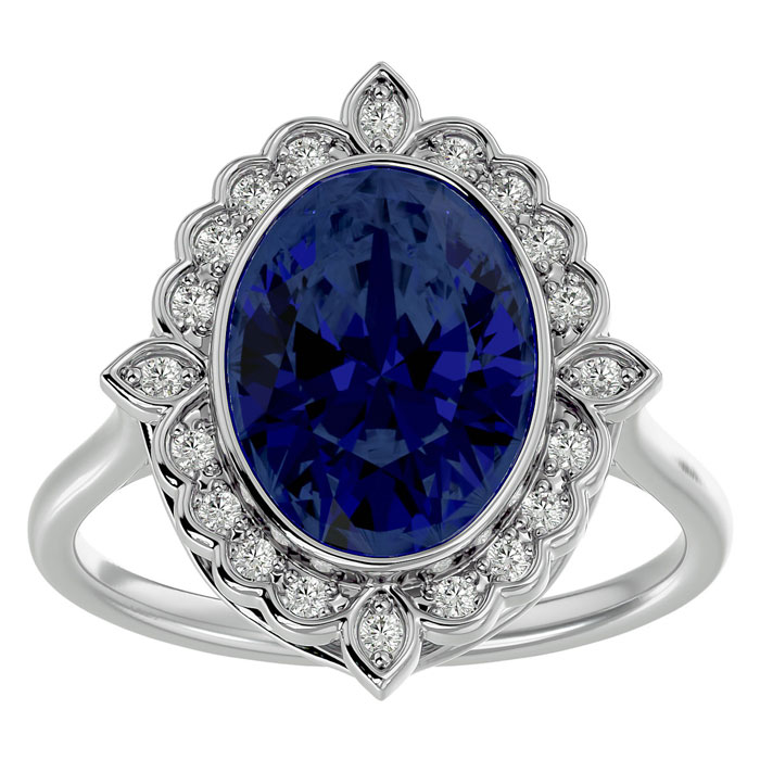 1 3/4 Carat Oval Shape Sapphire & Halo 20 Diamond Ring in 14K White Gold (5 g), , Size 4 by SuperJeweler