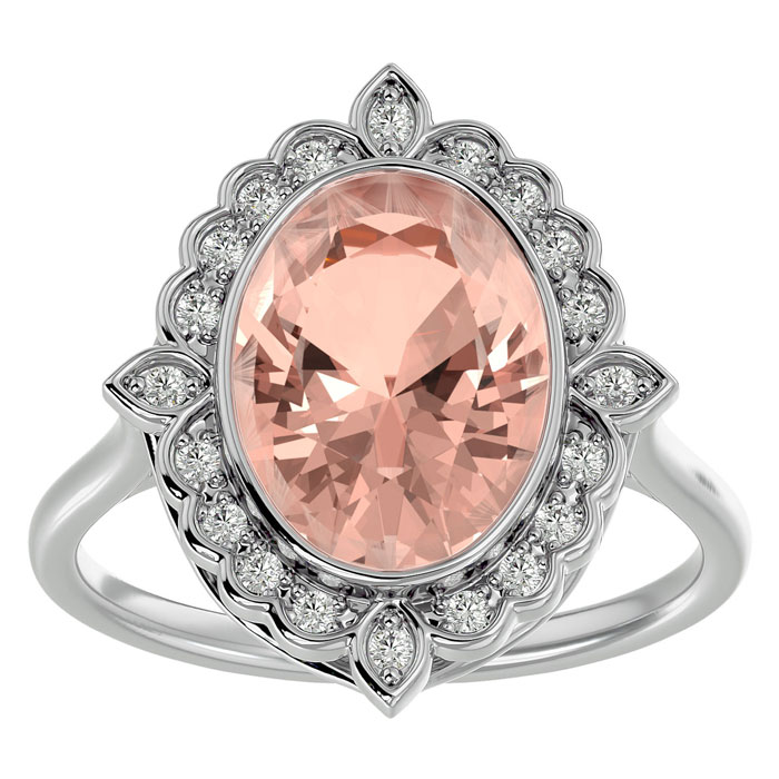 1 1/3 Carat Oval Shape Morganite & Halo 20 Diamond Ring in 14K White Gold (5 g), , Size 4 by SuperJeweler