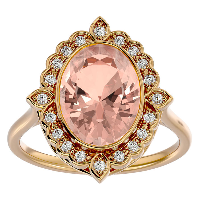 1 1/3 Carat Oval Shape Morganite & Halo 20 Diamond Ring in 14K Yellow Gold (5 g), , Size 4 by SuperJeweler