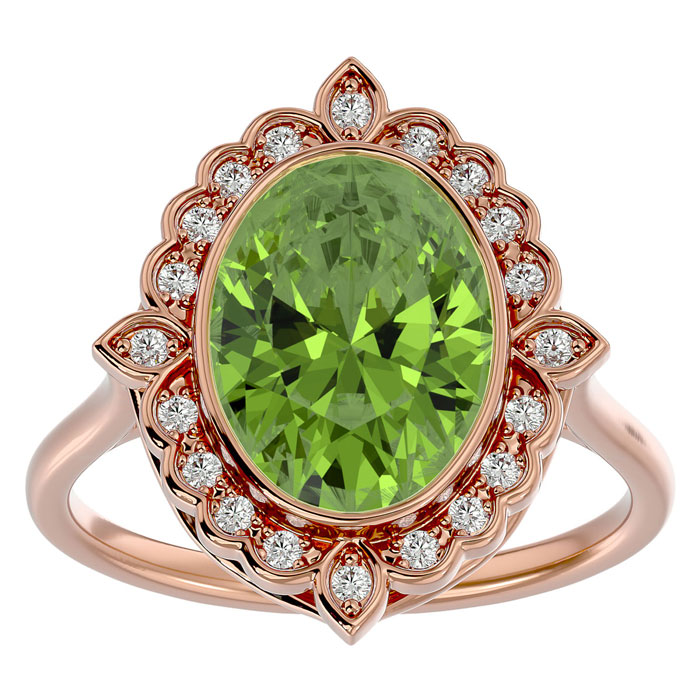 1.5 Carat Oval Shape Peridot & Halo 20 Diamond Ring in 14K Rose Gold (5 g), , Size 4 by SuperJeweler