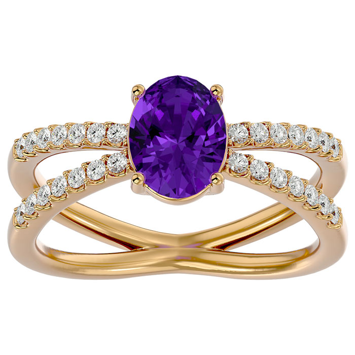1 1/3 Carat Oval Shape Amethyst & 28 Diamond Ring in 14K Yellow Gold (4.40 g), , Size 4 by SuperJeweler