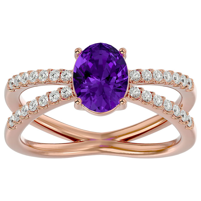 1 1/3 Carat Oval Shape Amethyst & 28 Diamond Ring in 14K Rose Gold (4.40 g), , Size 4 by SuperJeweler