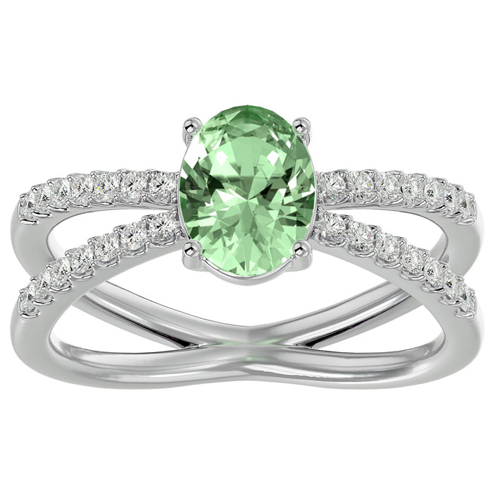 1 1/3 Carat Oval Shape Green Amethyst & 28 Diamond Ring in 14K White Gold (4.40 g), , Size 4 by SuperJeweler