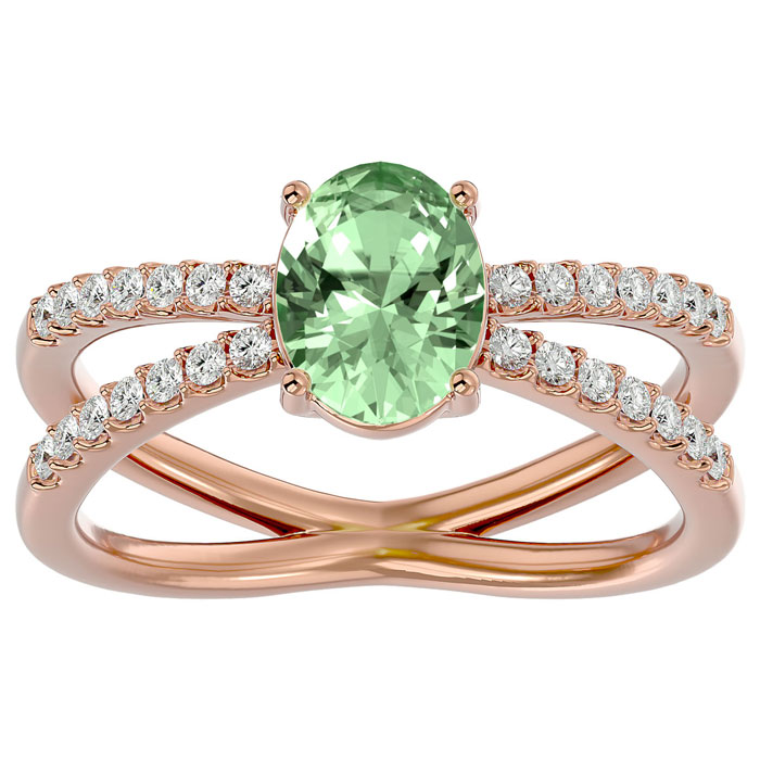 1 1/3 Carat Oval Shape Green Amethyst & 28 Diamond Ring in 14K Rose Gold (4.40 g), , Size 4 by SuperJeweler