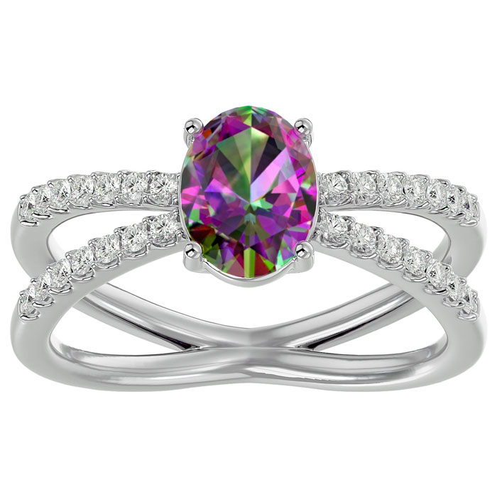 1 1/3 Carat Oval Shape Mystic Topaz & 28 Diamond Ring in 14K White Gold (4.40 g), , Size 4 by SuperJeweler