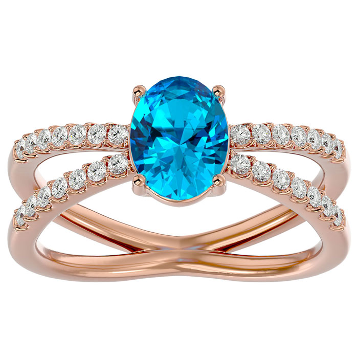 1 3/4 Carat Oval Shape Blue Topaz & 28 Diamond Ring in 14K Rose Gold (4.40 g), , Size 4 by SuperJeweler