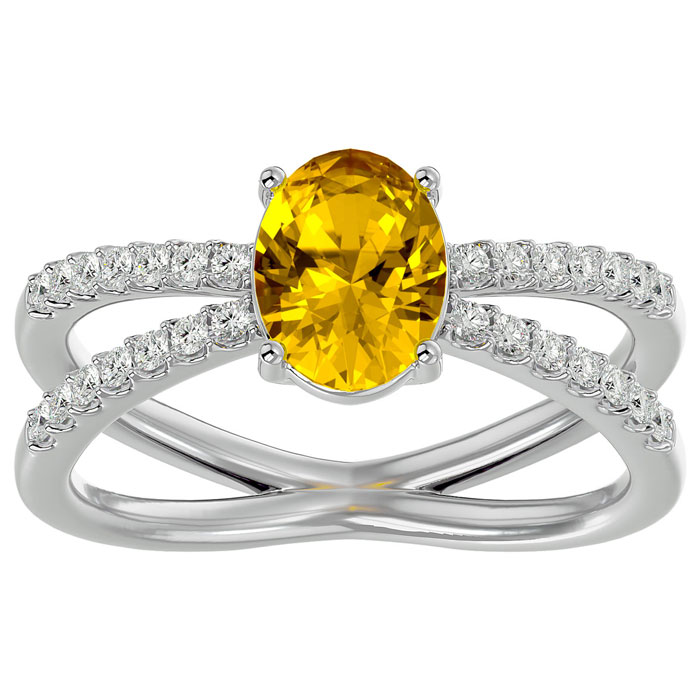 1 1/3 Carat Oval Shape Citrine & 28 Diamond Ring in 14K White Gold (4.40 g), , Size 4 by SuperJeweler