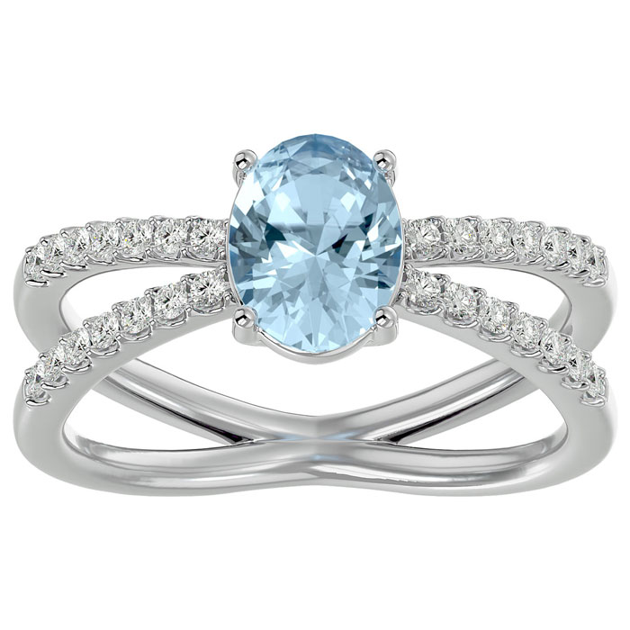 1.40 Carat Oval Shape Aquamarine & 28 Diamond Ring in 14K White Gold (4.40 g), , Size 4 by SuperJeweler