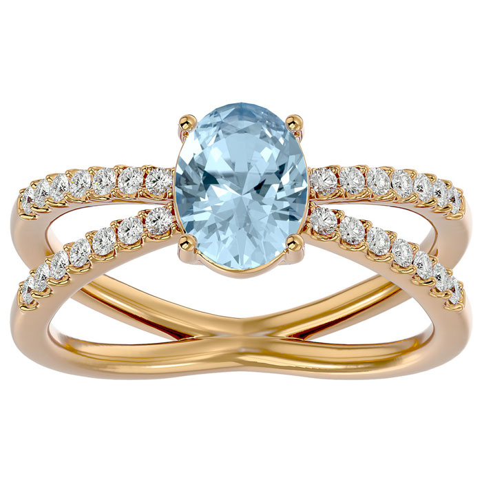 1.40 Carat Oval Shape Aquamarine & 28 Diamond Ring in 14K Yellow Gold (4.40 g), , Size 4 by SuperJeweler