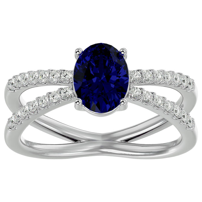 1.85 Carat Oval Shape Sapphire & 28 Diamond Ring in 14K White Gold (4.40 g), , Size 4 by SuperJeweler