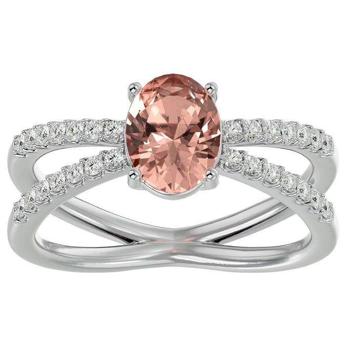 1.40 Carat Oval Shape Morganite & 28 Diamond Ring in 14K White Gold (4.40 g), , Size 4 by SuperJeweler