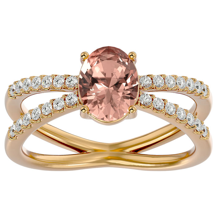 1.40 Carat Oval Shape Morganite & 28 Diamond Ring in 14K Yellow Gold (4.40 g), , Size 4 by SuperJeweler
