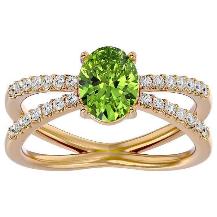 1.60 Carat Oval Shape Peridot & 28 Diamond Ring in 14K Yellow Gold (4.40 g), , Size 4 by SuperJeweler