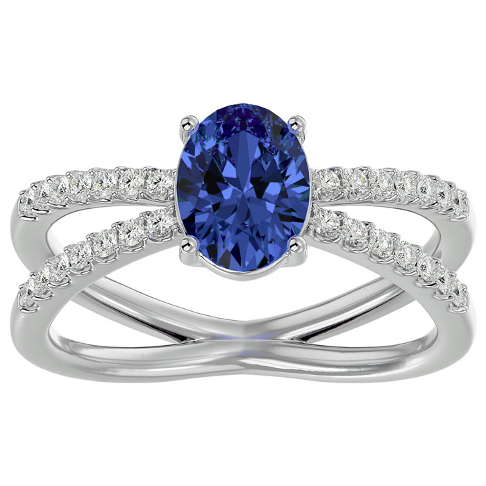 1.5 Carat Oval Shape Tanzanite & 28 Diamond Ring in 14K White Gold (4.40 g), , Size 4 by SuperJeweler