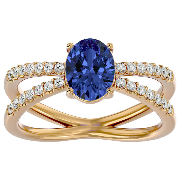 1.5 Carat Oval Shape Tanzanite & 28 Diamond Ring in 14K Yellow Gold (4.40 g), , Size 4 by SuperJeweler