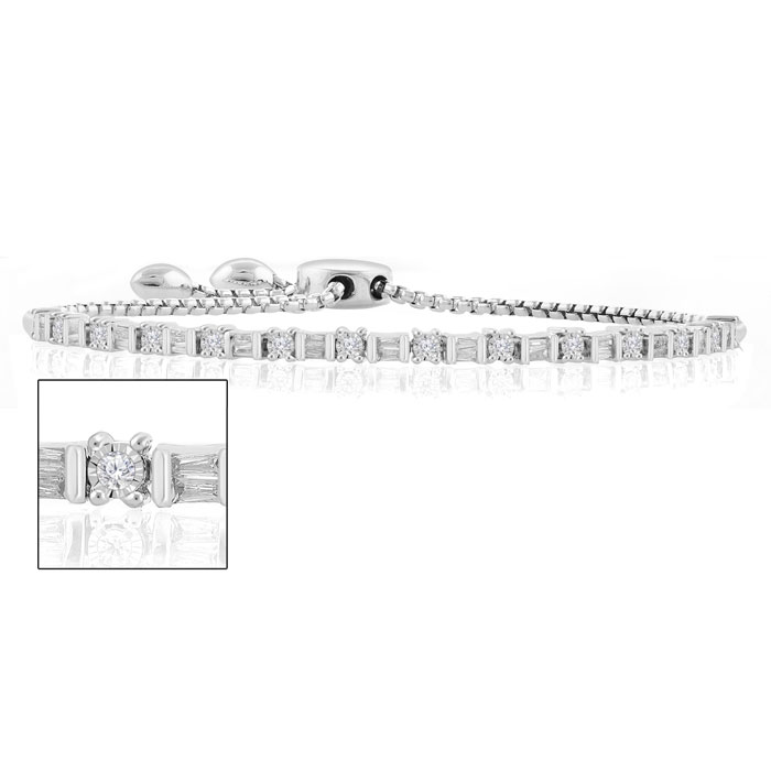 Sterling Silver 1/2 Carat Baguette & Round Diamond Bolo Bracelet in Sterling Silver, Slides to Adjust, G/H Color by SuperJeweler