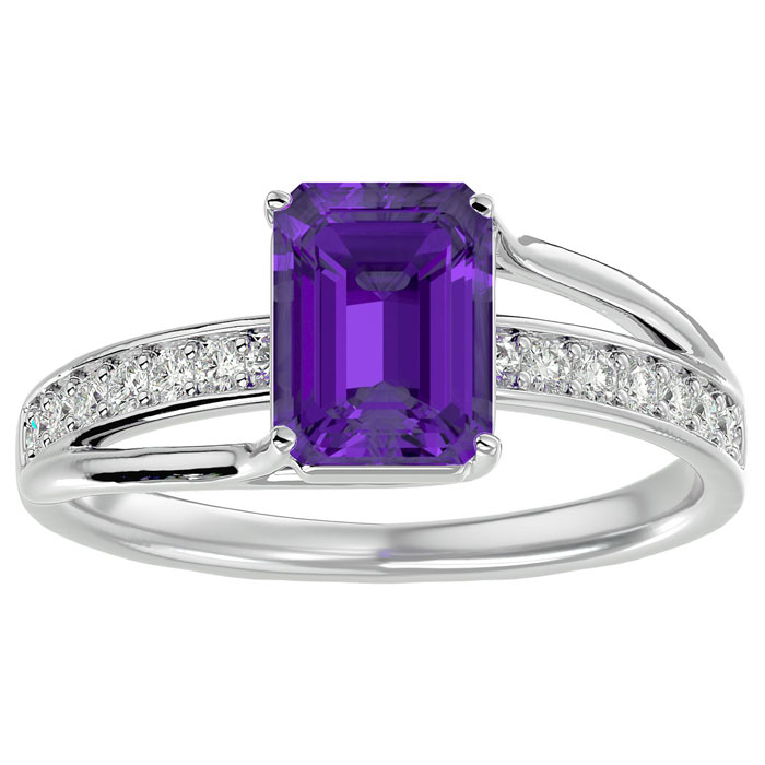 1 3/4 Carat Emerald Cut Amethyst & 14 Diamond Ring in 14K White Gold (3.50 g), , Size 4 by SuperJeweler